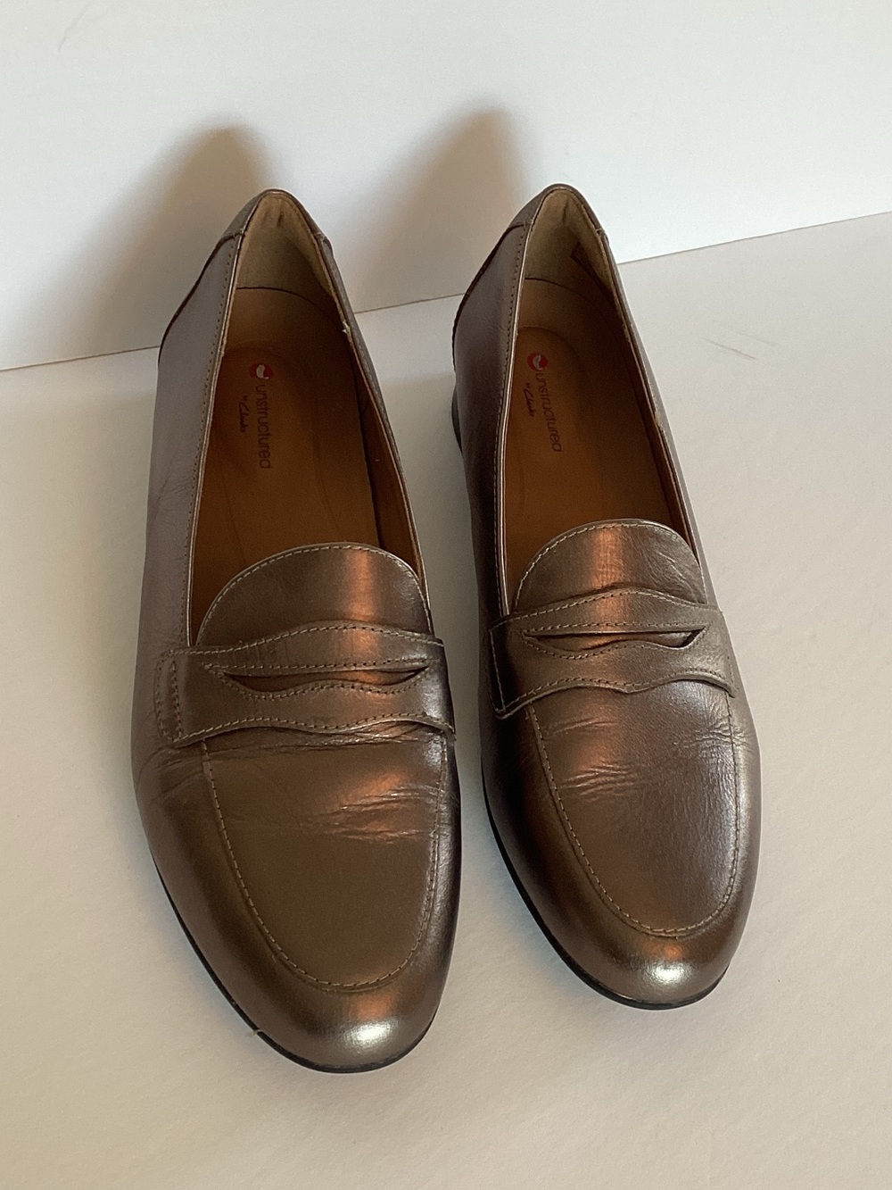 Clarks Unstructured Metallic Bronze Leather Loafers